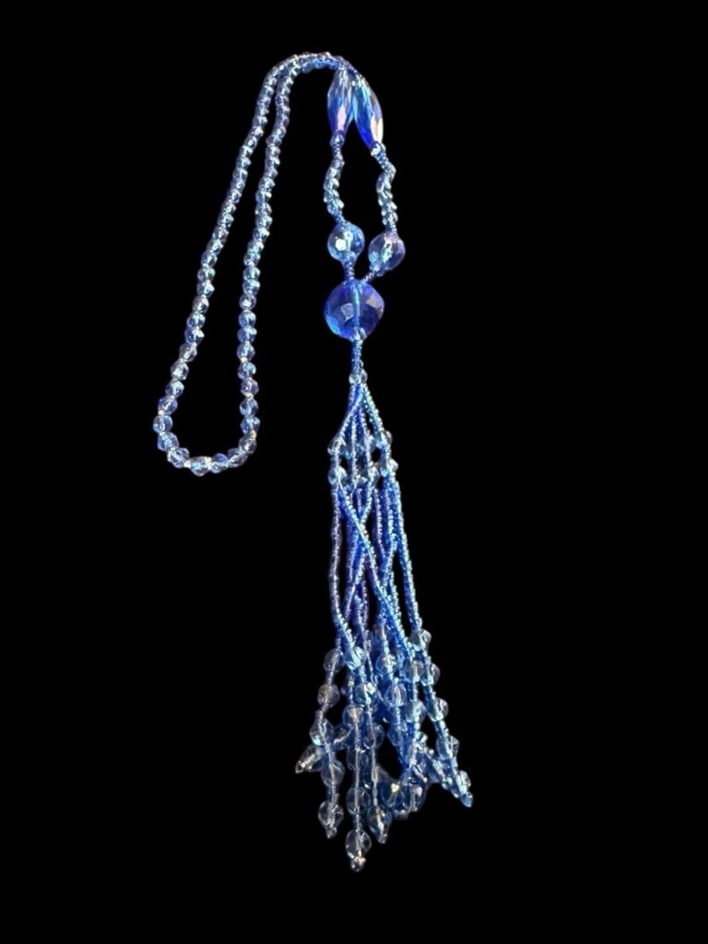 Vintage Art Deco Flapper Blue Glass Bead Hand Knotted Necklace